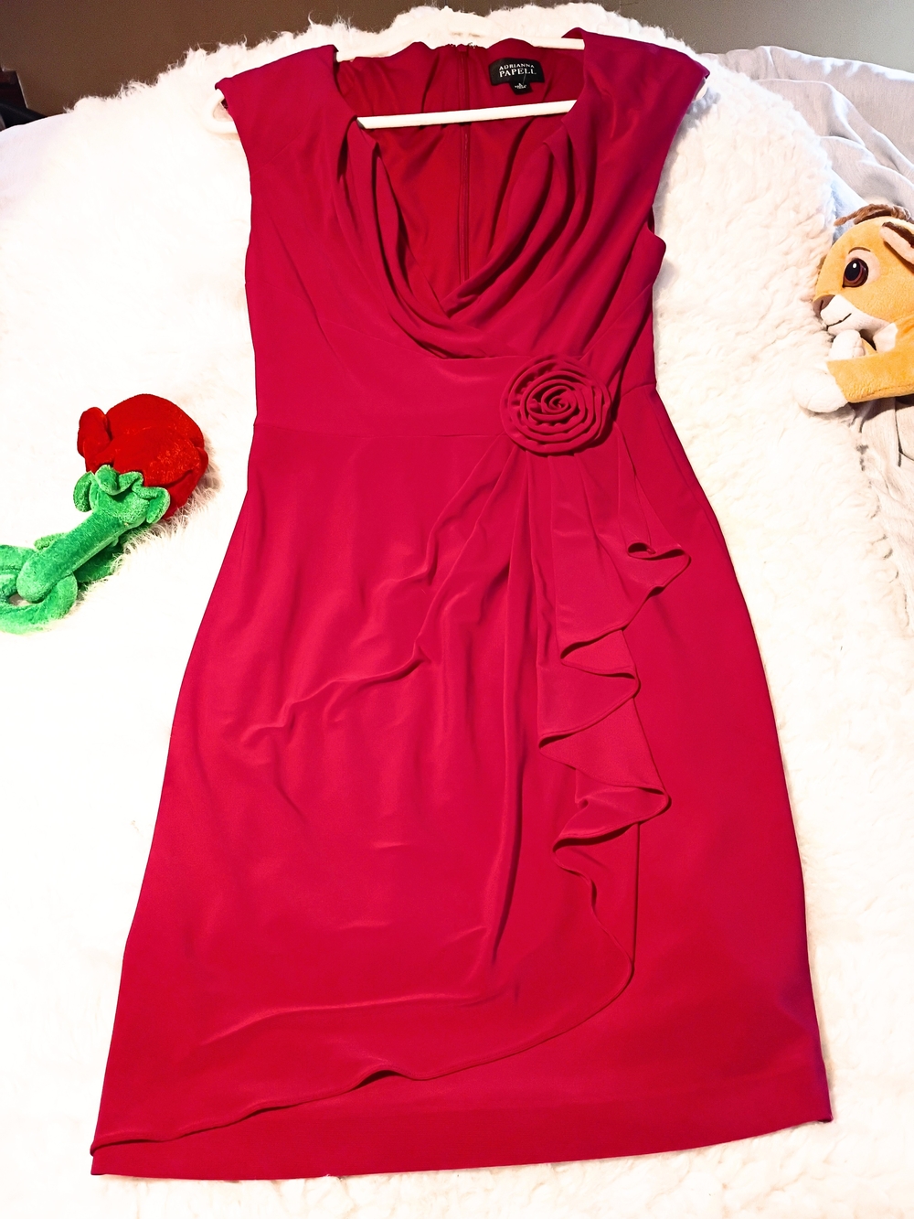 Adrianna Papell Cowl Neck Midi Dress with Rosette Detail
